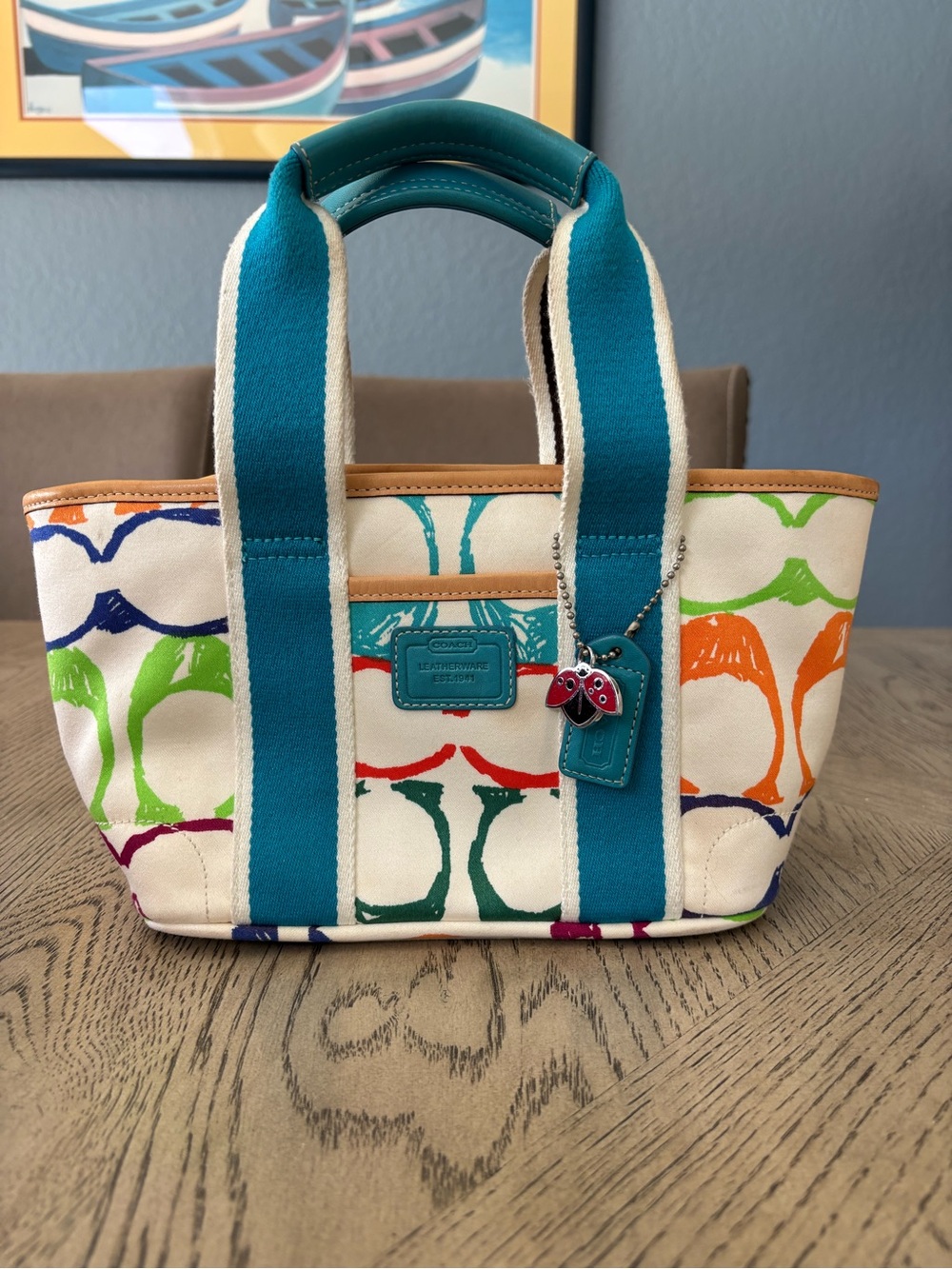 Canvas Tote Bag with Teal Straps and Multicolor Print